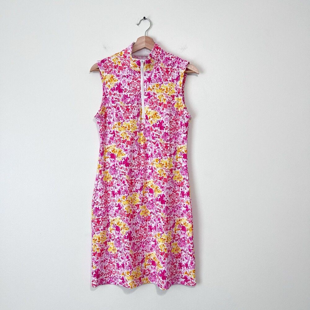 IBKUL Small Sleeveless Mock Neck Golf Tennis Dress Pink Floral 1/4 Zip - Picture 2 of 12